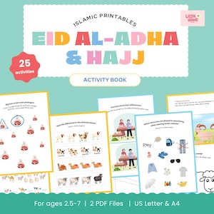 May include: A teal and white activity book cover with the text "EID AL-ADHA & HAJJ" in colourful letters. The book includes 25 activities for ages 2.5-7, with pages featuring illustrations and text.