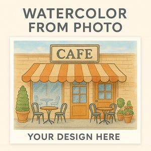 Portrait de bâtiment personnalisé à l'aquarelle à partir d'une photo, illustration d'entreprise personnalisée, impression d'art numérique peinte sur une vitrine, cadeau de dessin de café