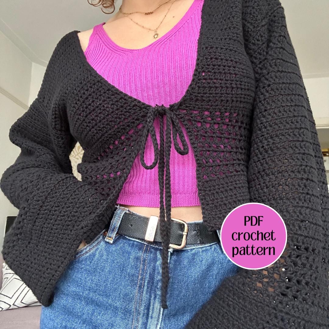 Crochet Purple And Black Fire Sweater Front-tie Bell Sleeve Boho
