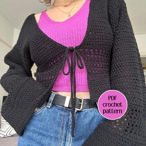 Front-tie bell sleeve boho crochet cardigan | PDF crochet pattern | DIY
