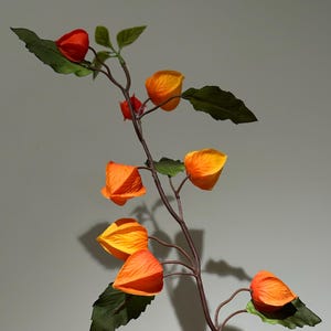 Könnte beinhalten: Ein einzelner Stiel mit künstlichen orangefarbenen und gelben Blüten mit grünen Blättern. Die Blüten haben die Form von Laternen.