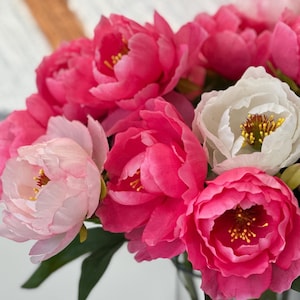 Puede incluir: Un ramo de peonías rosas y blancas con hojas verdes.