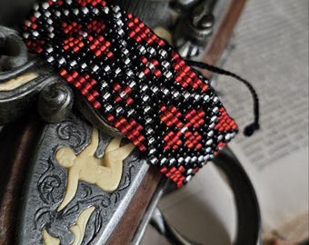Red Black Ukraine Bead Woven Bracelet, Ethnic Wide Bracelet
