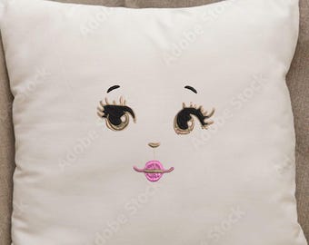 Doll Face Embroidery Design Bundle, cute Doll Eyes Lashes Lips PES DST Machine Embroidery Files, Preppy Doll Making