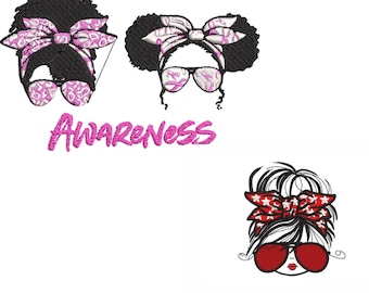 Woman Face Embroidery Design: Glasses, Messy Bun, Awareness (Digital Download)