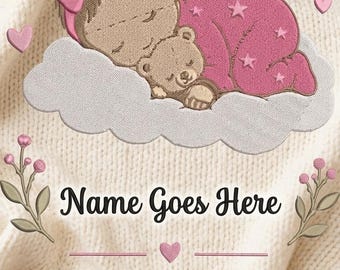 Baby Girl Birth Record Machine Embroidery Design, Sleeping Baby Cloud, Baby Name Embroidery, Baby Name Digitizing, Birth Stats Embroidery