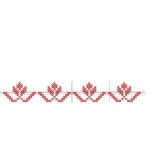 Könnte beinhalten: Ein sich wiederholendes horizontales Bordürenmuster aus roter Kreuzstichstickerei. Das Design zeigt vier identische stilisierte Blumen- oder Blattmotive in einer Reihe, die durch eine dünne horizontale Linie auf weißem Hintergrund verbunden sind.