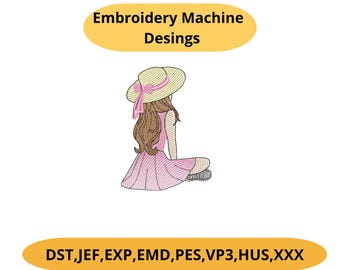 Mädchen mit Hut Stickdatei - Frau Portrait PES DST Instant Download Boho Geschenk