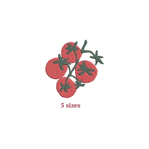 May include: Embroidered design of four red tomatoes with green stems and leaves. The text "5 sizes" is below the tomatoes. The design is on a white background.