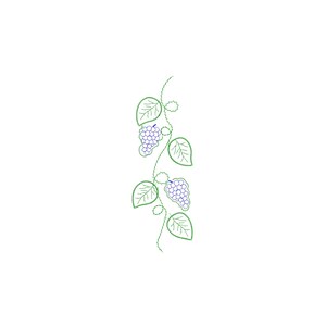 May include: A vertical design of a vine with green leaves and clusters of purple grapes. The grapes and leaves are outlined in green, with the grapes filled with small purple dots. The design is set against a white background.