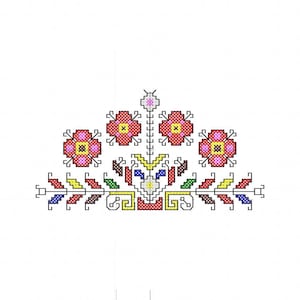 May include: A colourful embroidered design featuring red, pink, yellow, blue and green flowers with a stylised stem and leaves.