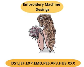 Mädchen mit Blumen Stickdatei, Frau mit Blumen Portrait PES DST Sofort Download