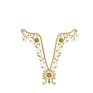Pode incluir: Um design floral dourado em forma de V com detalhes intrincados. O design apresenta folhas estilizadas, flores e acentos em redemoinho, criando um padrão elegante e decorativo. O design está em um fundo branco limpo.