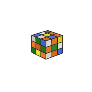 May include: A colorful Rubik's Cube with a black outline. The cube features squares in various colors, including orange, blue, green, yellow, white, and red. The classic puzzle is a cube shape.
