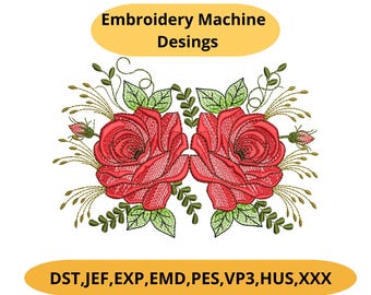 Red Roses Machine Embroidery Design – Elegant Floral PES DST Instant Download Gift for Her