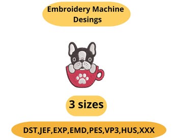 French Bulldog in Teacup Embroidery Design – 3 Sizes PES DST Instant Download Dog Mom Gift