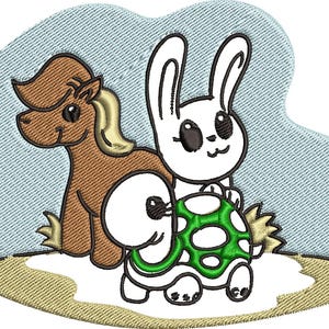 May include: An embroidered patch depicting a brown horse, a white rabbit, and a green turtle. The horse has a tan mane and tail. The rabbit has large eyes and long ears. The turtle has a green shell. The background is light blue.
