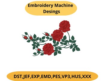 Red Rose Embroidery Design, Floral Vine Stitch Pattern, Romantic Botanical Art, Vintage Flower Machine Embroidery File