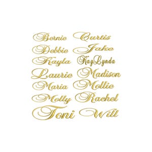 May include: Gold-colored script names on a white background. Names include Bernie, Curtis, Debbie, Jake, Kayla, Kay Lynda, Laurie, Madison, Maria, Mollie, Molly, Rachel, Toni, and Will.