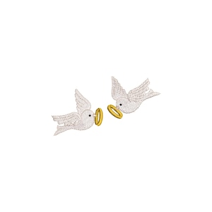 May include: Two embroidered white doves, each holding a gold ring in their beaks, against a white background. The doves are detailed with stitched wings and small black eyes. The rings are a bright gold color.