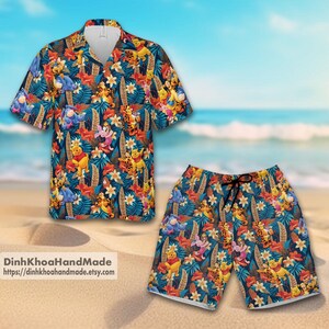 Winnie the Pooh Urlaub Hawaiihemd und Shorts, Pooh und Freunde Sommer Aloha Hawaii Hemd, Cartoon Sommer T-Shirt