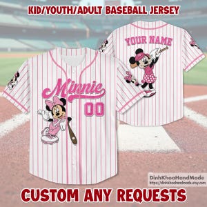 Personalized Minnie Pink Baseball Jersey Mickey Friends Shirt Family Matching Outfit for Summer Birthday Trip