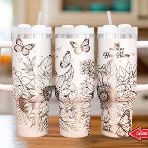 Personalized Name Butterfly 40oz Tumbler - Floral Butterfly Full Wrap Design - Permanently Laser Engraved