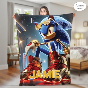 Personalized Sonic the Hedgehog Blanket: Custom Name Flannel or Sherpa