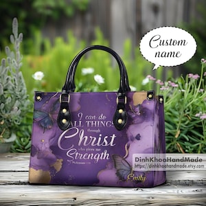 Personalized Christian PU Leather Handbag - Custom Name Philippians 4:13 Bible Verse Tote - Faith-Leather Handbag, Religious Gift for Women