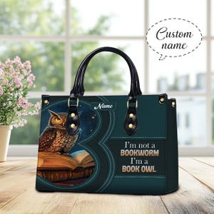 Custom Book Owl Leather Handbags, Leather Bags For Women, Bookworms Tote Bag, Book Lovers Bag Gift Teacher Gift