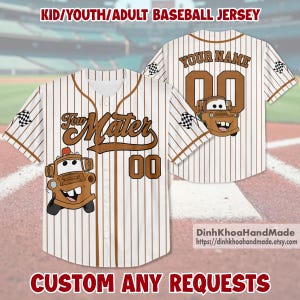 Custom Disney Cars Tow Mater Baseball Jersey, Cars Tow Mater Baseball Jersey, Disney Baseball Team Outfit , Matching Family Baseball Jersey
