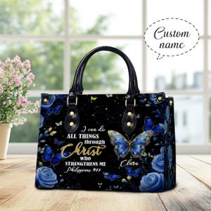 Bolso de mano cristiano personalizado de cuero sintético. "Todo lo puedo en Cristo". Bolso de mano de cuero, regalo para el Día de la Madre.