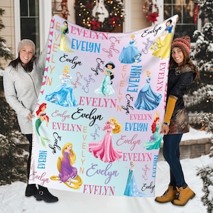 Personalized Watercolor Disney Princess Blanket, Custom Name Girl Blanket, Disney Princess Birthday Girl Gift, Disneyland Princess Blanket