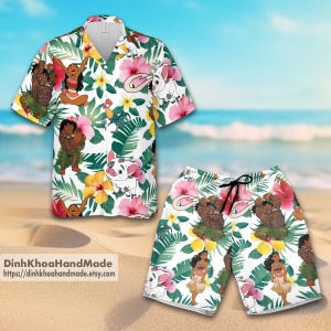 Vintage Moana Hawaiian Shirt And Shorts, Disney Hawaiian Shirt, Moana Summer Shirt, Disney Princess Shirt, Tropical Hawaii Shirt