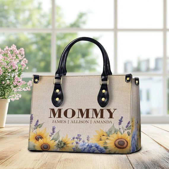 Personalized Mom Sunflower Faux Leather Purse Luxury Women PU