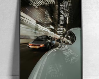 Vintage Porsche Night City Druck – Sportwagen Kunst, Bewegungsunschärfe Fotografie, Automobil-Wanddekor