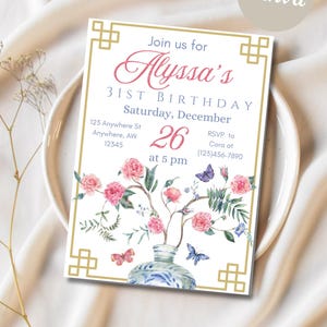 Editable Chinoiserie Blooms Floral Party Invitation for Birthdays and More