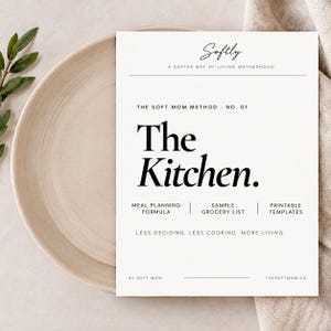 May include: A white rectangular printable document titled The Kitchen, featuring the text The Soft Mom Method No. 01, Meal Planning Formula, Sample Grocery List, Printable Templates, and the phrase Less Deciding. Less Cooking. More Living.