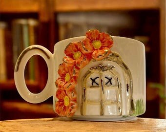 3D Floral Handmade Ceramic Mug: Cottagecore Coffee Cup
