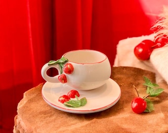 Handmade Cherry Ceramic Mug and Saucer, Fruit Coffee Cup