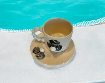 Handmade Ceramic Seashell Mug Set: Pearl Detail Pottery Coffee Cup