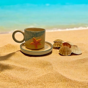 Handmade Starfish Ceramic Mug & Saucer: Coastal Coffee Cup
