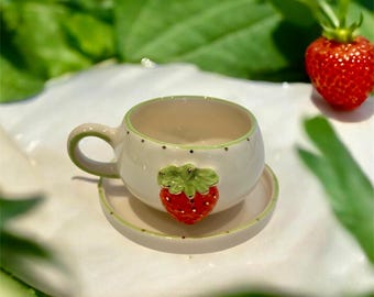 Handmade Strawberry Mug and Saucer: Berry Ceramic Tea Cup