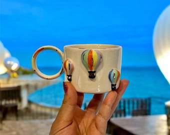 Hand-Painted Air Balloon Ceramic Mug: Pottery Cup 24K Gold Accents