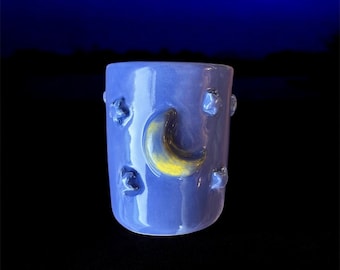 Handmade Ceramic Moon and Stars Mug: Blue Celestial Coffee Mug