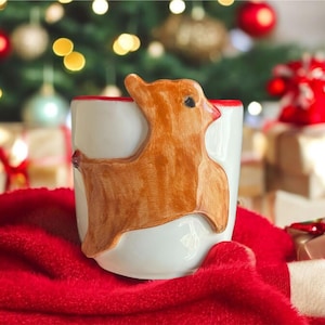 Handmade Pottery Mug – Reindeer & Snowflake Christmas Ceramic Cup – Unique Winter Mug - Coffee Mug Gift