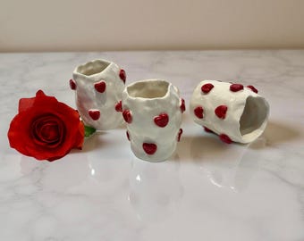 Valentines Day's Mug, Handmade Ceramic Red Hearts Mug, Artisan Pottery Gift for Coffee Lovers