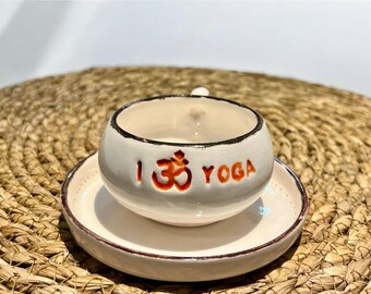 Handmade Ceramic Yoga Mug with Om Symbol: White Coffee Mug and Saucer, Spiritual Gift