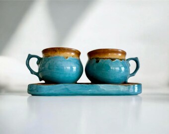 Handmade Ceramic Blue Mug Set: Drip Glaze Pottery Coffee Cups and Saucer