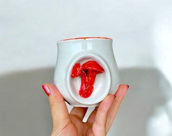 Handmade Mushroom Ceramic Mug: 3D Boho Coffee Cup with Handleless